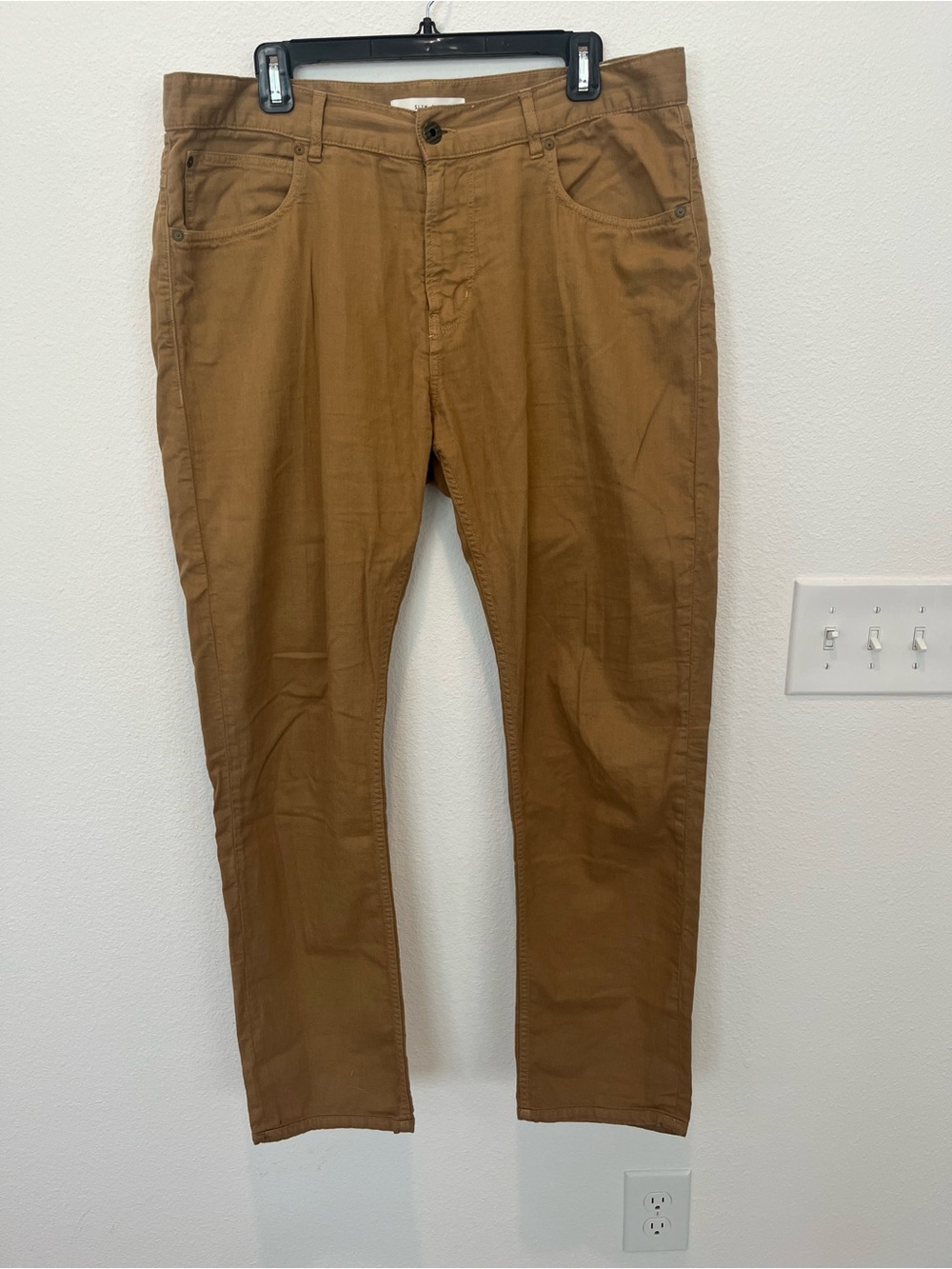 Billy Reid slim cut button fly tan jeans